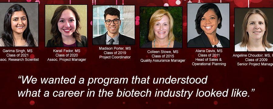 a masthead for the alumni career insights recorded webinar featuring a title saying 'I wanted a program that understood what a career in the biotech industry looked like'