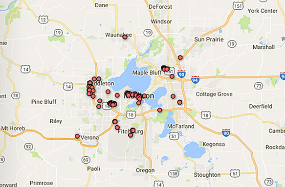 Map of local biotech companies in the Madison area