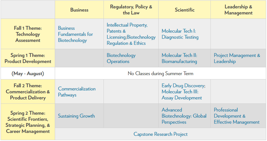 A table showing four semesters with semester themes and content themes for each semester.