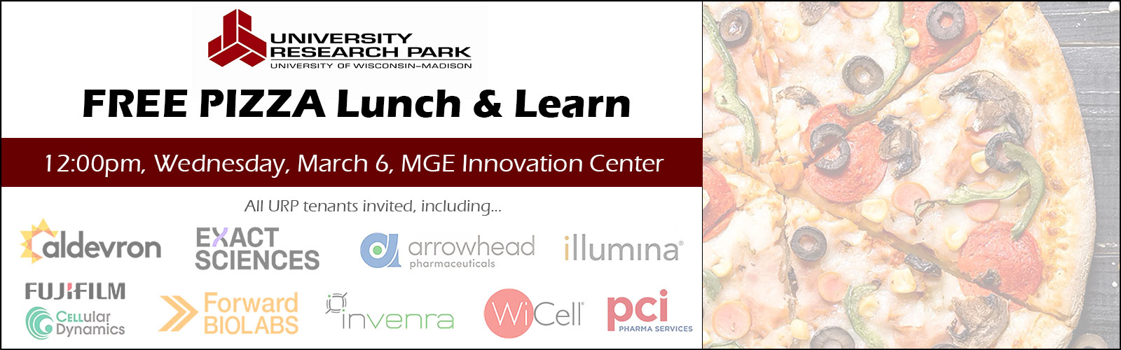 masthead for March 6, 2024 University Research Park Lunch and Learn presentation to hear about the MS in Biotechnology Program
