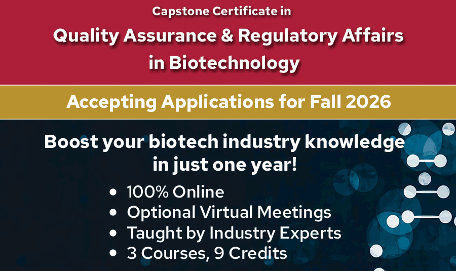 Quality Assurance and Regulatory Affairs in Biotechnology promotional card for Fall 2026 admission
