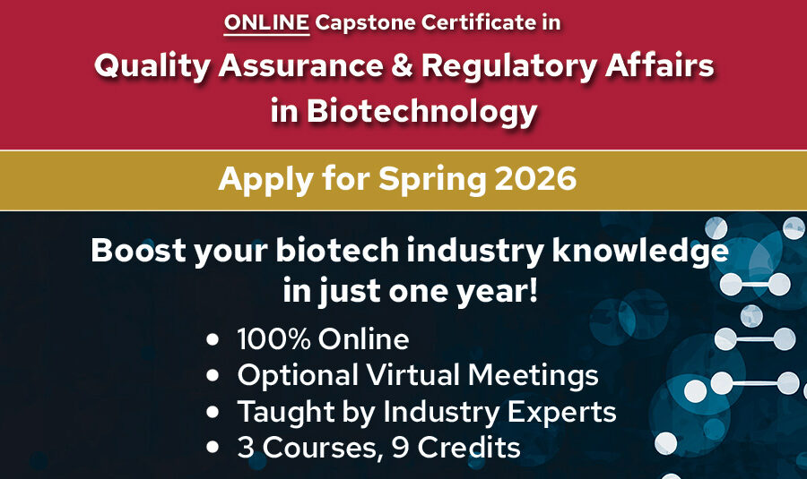 Banner for online capstone certificate in Quality Assurance and Regulatory Affairs image